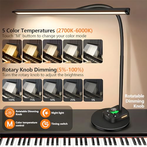 Round Piano Light with Adjustable Gooseneck - LED Music Stand Lamp, Auto-Off Timer, 5 Color Modes, USB Charging