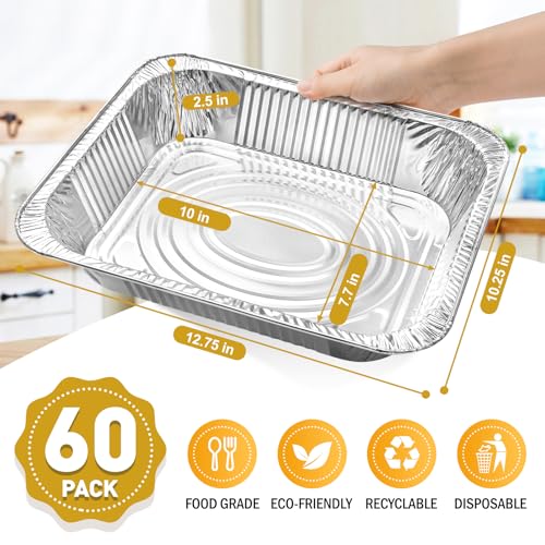 60 Pack 9x13 Inch Heavy Duty Aluminum Foil Pans - Disposable Baking & Serving Trays