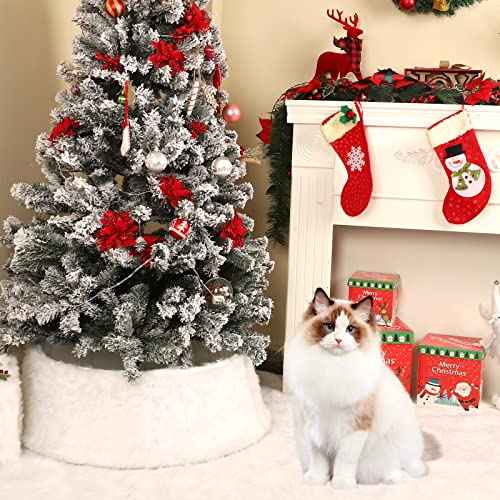 24 inch Christmas Tree Collar, 17 Light Modes White Plush Tree Collar Decoration with Remote, Round Christmas Tree Collars Ring for Christmas Artificial Pencil Trees Decor