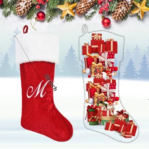 PORRUNNY 20 Inch Red Plush Christmas Stockings - Family Holiday Decor M