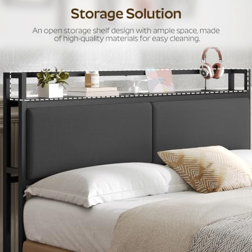 YATINEY Black Queen Upholstered Headboard with Storage & Charging Station, Adjustable
