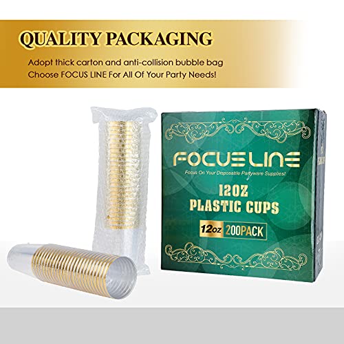 Gold Rimmed Disposable Plastic Cups 12 oz - 200 Pack, Elegant Partyware