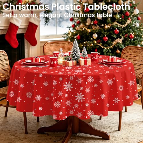 LANLISA 12 Pcs Red White Snowflake 84” Round Disposable Plastic Tablecloths Set