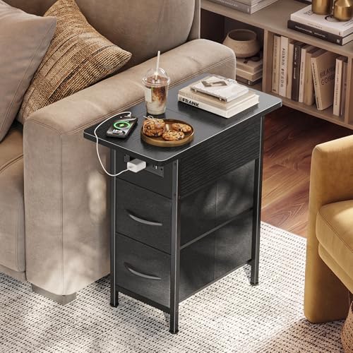 Huuger Black Narrow End Table with Charging Station - Slim Side Table with 2 Drawers