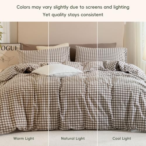 JIYUAN California King Cotton Duvet Cover Set Light Brown Gingham - No Comforter