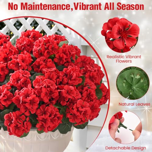 Yastouay 24 Pack Red Artificial Geranium Flowers for Outdoor & Indoor Decor