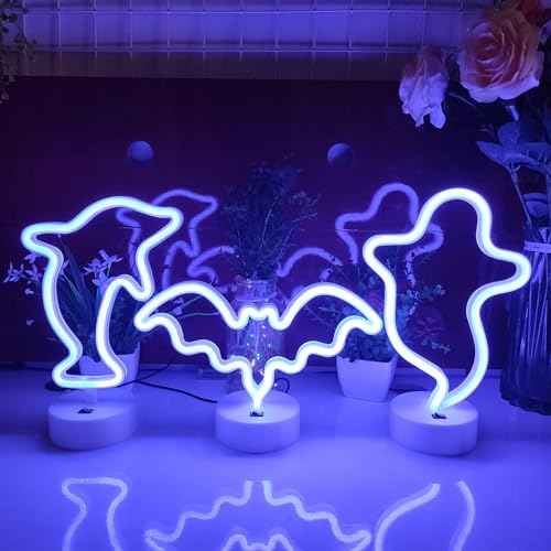 JYWJ Neon Signs with Holder Base,USB or 3-AA Battery Powered Neon Light,LED Desktop Wall Decoration,Various Parties,Decoration of Business Premises(Ghost)