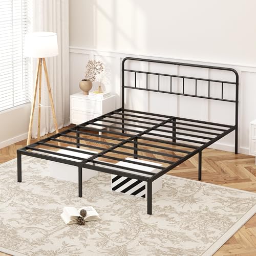 Queen Size Bed Frame 12 Inches Minimalist Black Metal Platform Bed with Storage - Kujielan