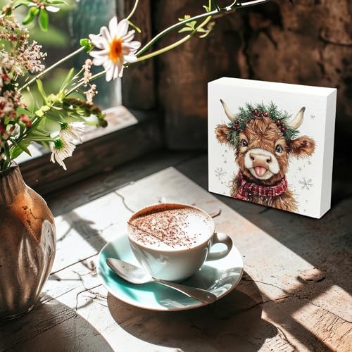 Cow Variation Christmas Western Wooden Sign - 5x5 Inch Box Decor, Highland Baby Snowy Home & Kitchen