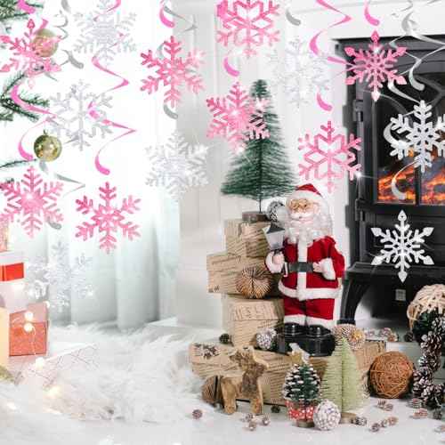 20 Pcs Winter Snowflake Hanging Swirls Decorations - Pink Silver Winter Hanging Ceiling Streamers Glitter Snowflakes Garland for Christmas Winter Wonderland Frozen Party Supplies