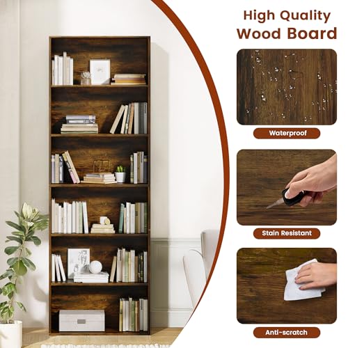 GRUSIGN 71-Inch Tall 6-Tier Bookcase Brown Large Storage Display Shelf