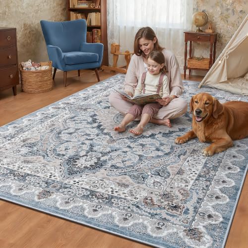 Blue Washable Area Rug 6x9 Ft - Vintage Geometric Floral Flat-Back Carpet
