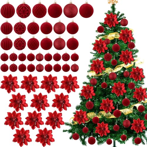 Yuxung 48 Pcs Christmas Tree Decoration Set Red with Glitter Flowers & Velvet Balls