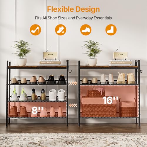 Neatevday Black 4-Tier Shoe Rack with Adjustable Mesh Shelves & Hooks