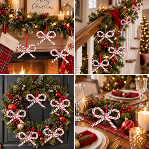 Candy Cane Bow Ornaments for Christmas Tree Decorations, Red and White