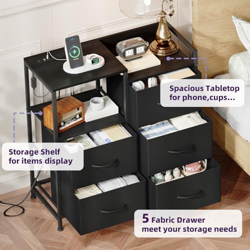 Somdot Black Wide Bedroom Nightstand with 5 Drawers, Charging Station & LED Light - 11.4"D x 26.2"W x 27.8"H