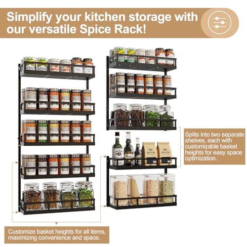 Wall Mount Spice Rack Organizer - 5 Tier Height-Adjustable, Black, 4.6" Depth - Dual-Use Shelf with Hooks