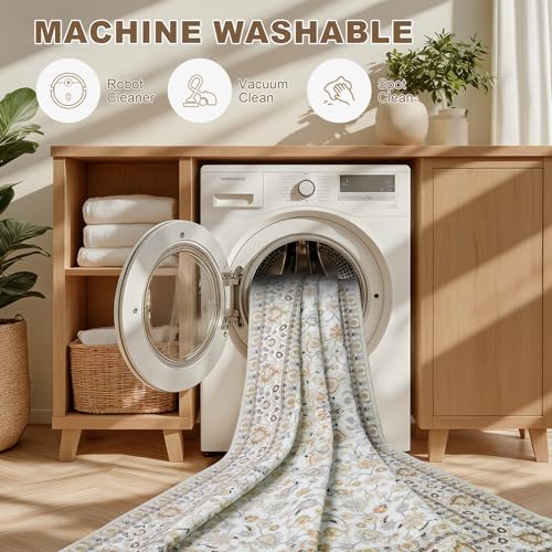 8x10 Beige Washable Area Rug for Living Room - Vintage Style, Non-Slip Backing