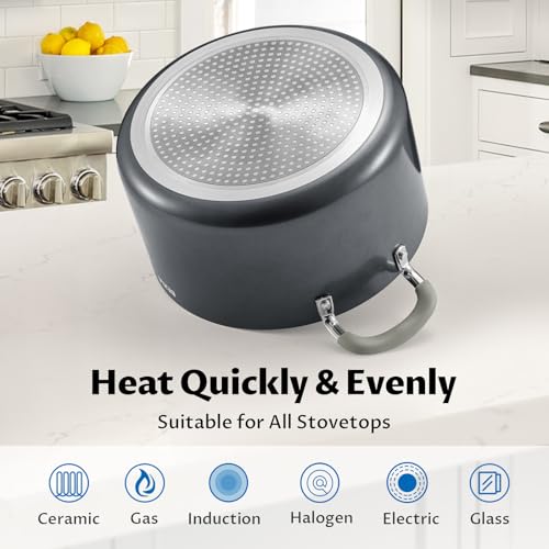 BEZIA Gray 8QT Non-Stick Ceramic Stock Pot with Lid, Induction Compatible