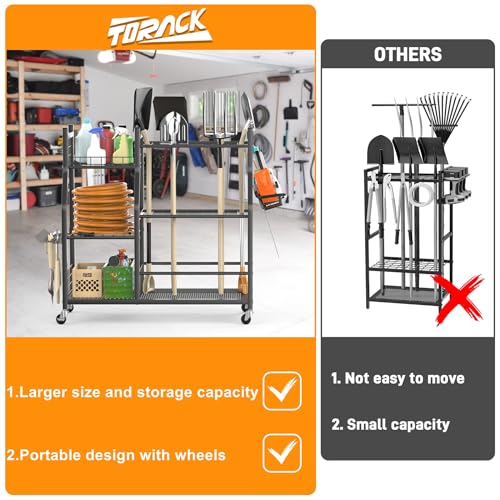 TORACK Garden Tool Organizer with Wheels & Extra Shelves – Rakes & Shovels Storage Stand