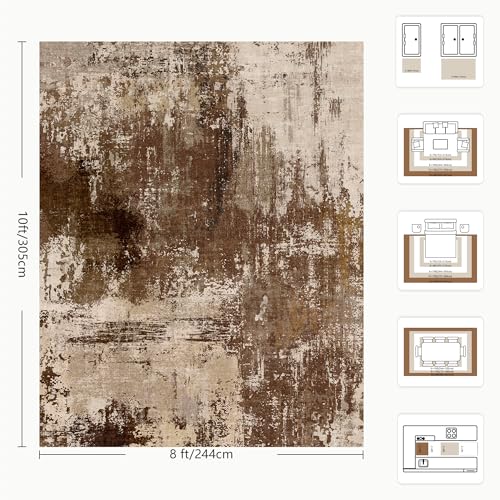 A-Brown 8x10 Modern Abstract Low Pile Washable Rug - Non Slip Large Floor Carpet for Living Room Bedroom