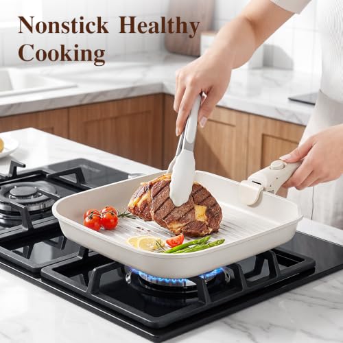 GiPP 18-Piece White Non-Stick Cookware Set with Detachable Handles & Grill Pan