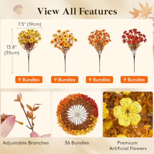 Artificial Fall Flowers for Outdoor Garden Decor - Sunset Orange, 36 Bundles
