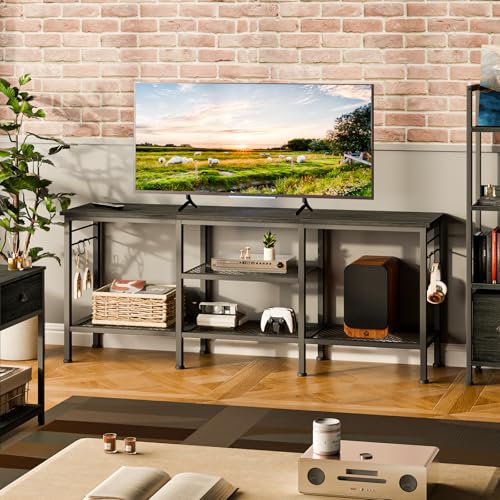 Furologee TV Stand with Open Shelves and Hooks - Black Oak, 47 Inch