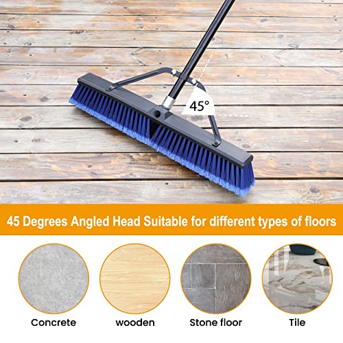24-Inch Heavy Duty Outdoor Push Broom 2-Pack for Deck Garage Driveway Cleaning — Blue, Ergonomic Handle