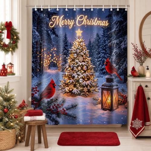 Visstree Christmas Shower Curtain with Red Cardinal – 71x71 in, Multicolor