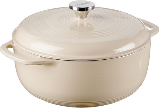 Lodge 4.5 Quart Enameled Cast Iron Dutch Oven with Lid – Dual Handles – Oven Safe up to 500° F or on Stovetop - Use to Marinate, Cook, Bake, Refrigerate and Serve – Sandalwood