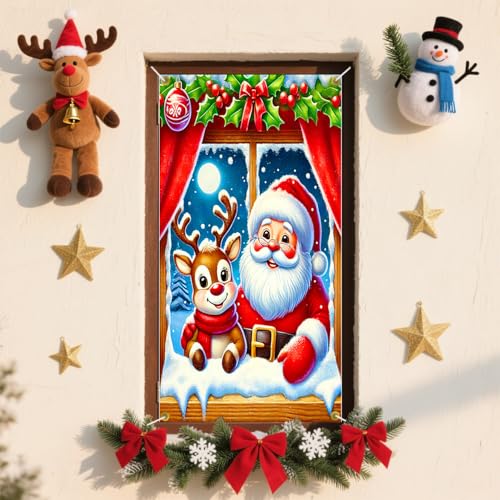 Cmialusie Colorful Santa and Reindeer Window Banner Christmas Decor 31.5x47.2in