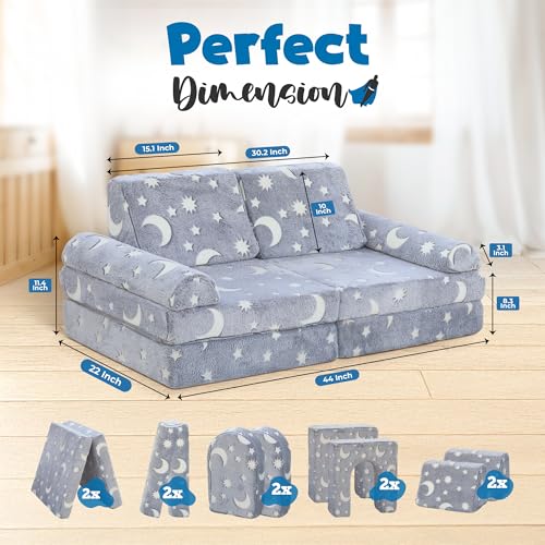 Kids Modular Play Couch Set with Glow in the Dark Stars - 10 Pieces for Imaginative Playroom & Bedroom