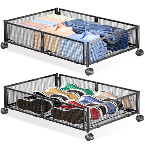 Under Bed Storage with Wheels - 2 Pack Black Shoe & Clothes Organizers