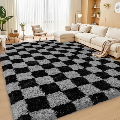 Rezutan Black Grey Checkered 8x10 Feet Soft Plush Shag Rug for Bedroom & Living Room