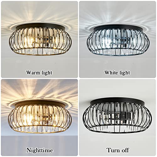 Black 3-Light Flush Mount Ceiling Light Fixture Modern Crystal Chandelier Indoor Lighting