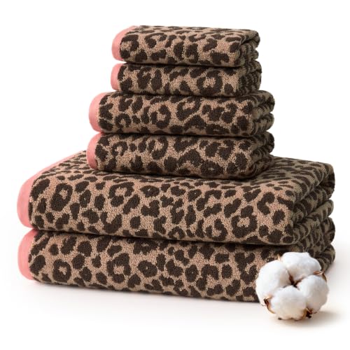 REDKISS Dark Brown Leopard Print 6-Piece Cotton Towel Set - Quick Dry & Absorbent