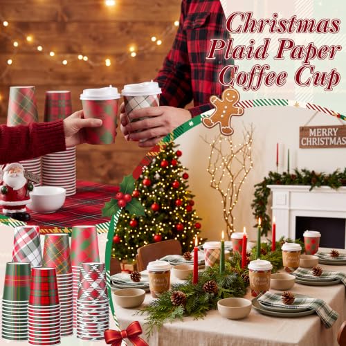 Mimorou 180Pcs 8oz Christmas Plaid Coffee Cups with Lids & Sleeves - Red Green