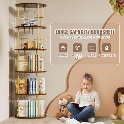 Flycity 5-Tier Rotating Corner Bookshelf - Gold, 360° Spinning Narrow Bookcase