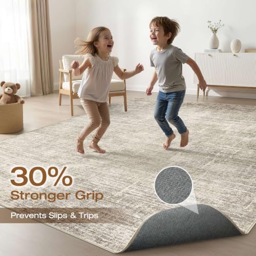 Abstract Brown Washable Area Rug 8x10 for Living Room - Neutral Modern Design