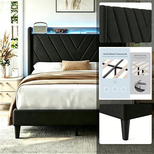 Queen Bed Frame with LED Lights & Charging Station, Upholstered Wingback Headboard, Noise-Free Metal Platform Bed