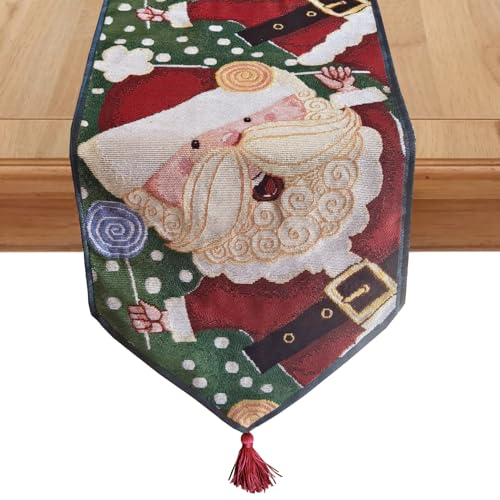 AureoMadis Santa Table Runner 13x70 in Jacquard Woven with Tassels, Red Santa & Lollipop Design