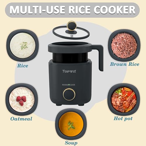 TopWit 2-Cup Mini Rice Cooker Grey, Compact Portable Food Steamer with Removable Pot