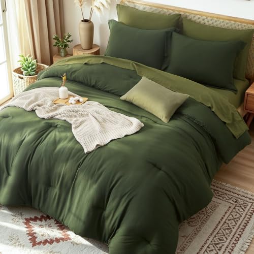 Dark Green Queen Comforter Set - 7-Piece Bed in a Bag with Sheets & Shams
