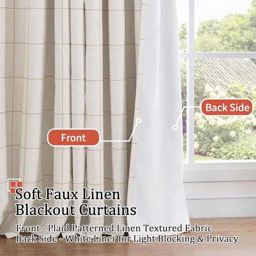 Natural 52x84 Inch Boho Plaid Linen Blackout Curtains - Pack of 2