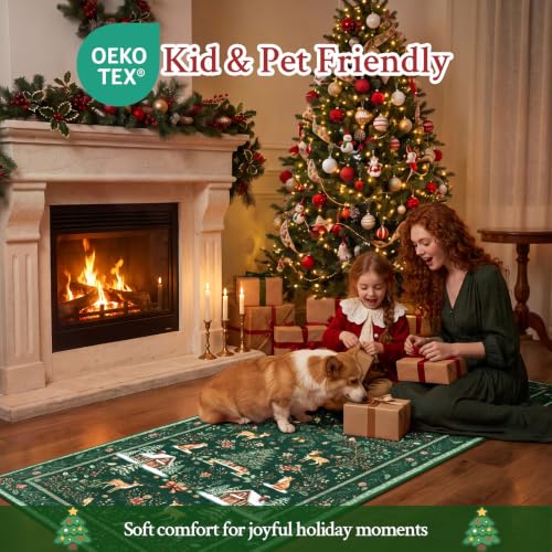 Green 2x8 Christmas Runner Rug Non Slip Washable for Kitchen Hallway Entryway