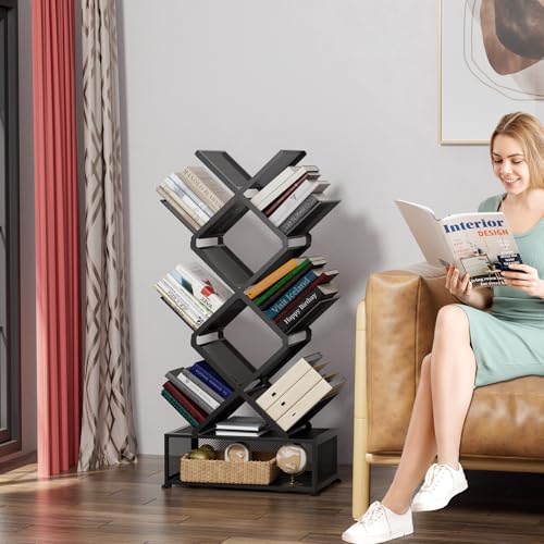 Big Black 9-Tier Space Saving Tree Bookshelf - Folding Metal Storage Shelf