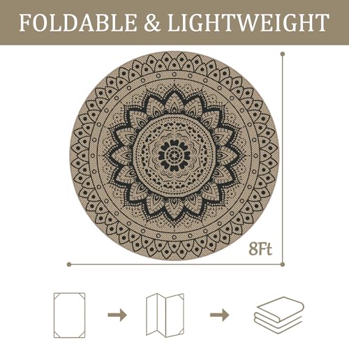 VSIWB Boho Black Round Outdoor Rug 8ft Washable Non-Slip Area Carpet