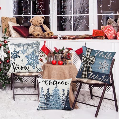 4PCS Christmas Throw Pillow Covers 18x18 Inch, Blue Snowflake Winter Holiday Wishes Pillow Cases Christmas Trees Seasonal Cushion Covers for Home Sofa Couch Outdoor Decoration