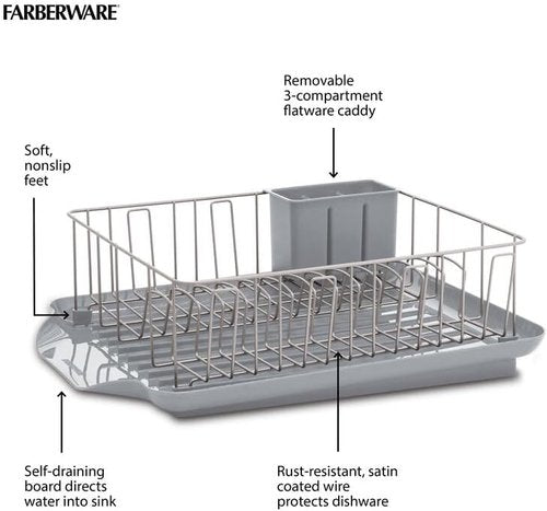 Farberware Classic Dish Drying Rack Set - Rust-Resistant, Self-Draining Board, Gray | 3-Piece Kitchen Essential